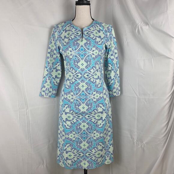 J.McLaughlin Dress Women XS Blue Green Paisley Long Sleeve Shift Knee Length - Picture 3 of 8